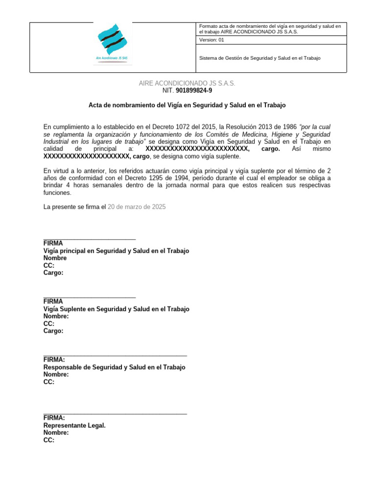 Acta de Nombramiento Del Vigia en Seguridad y Salud en El Trabajo | PDF