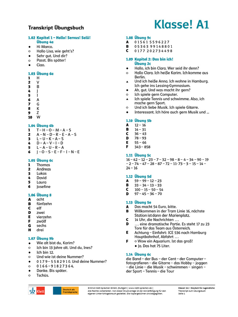 Klasse A1 - AB - Transkript - Online | PDF