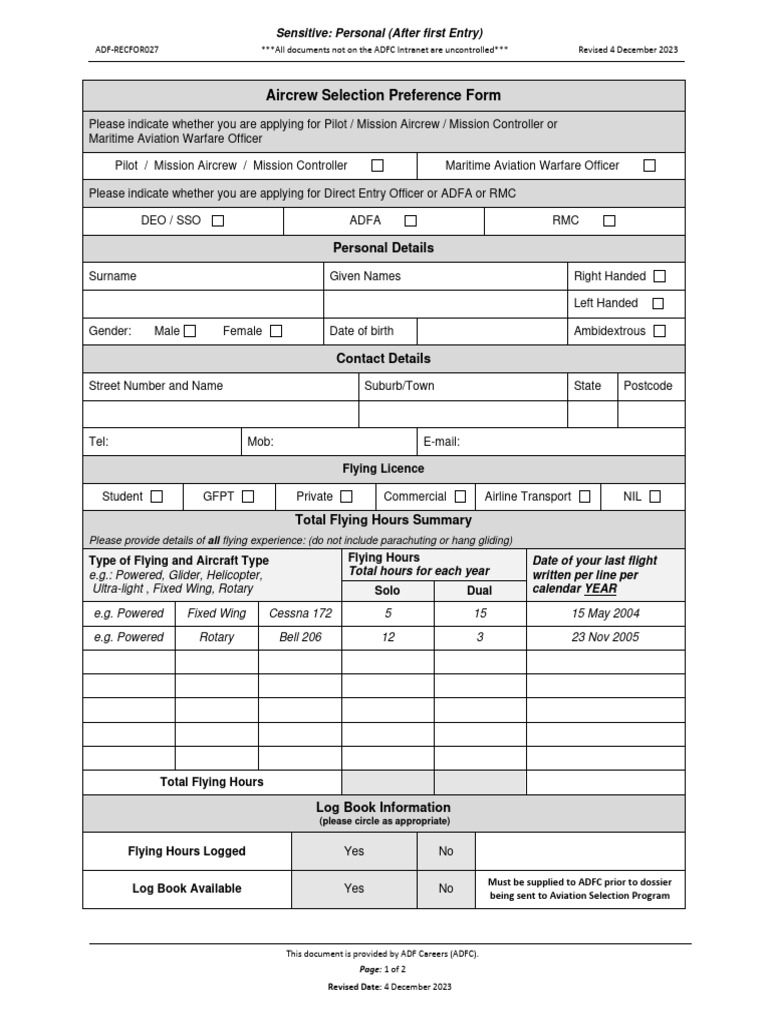 Aircrew Selection Preference Form | PDF | Fixed Wing Aircraft | Aviation