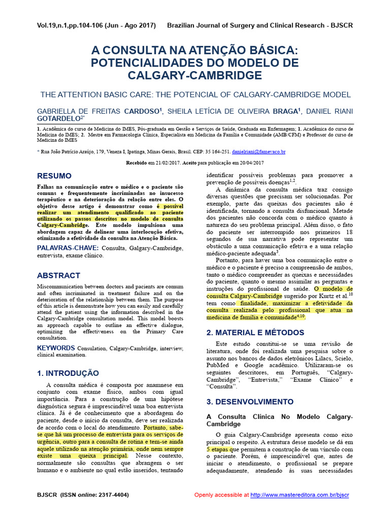 ARTIGO - CARDOSO. A Consulta Na Atenção Basica. Modelo Calgary ...
