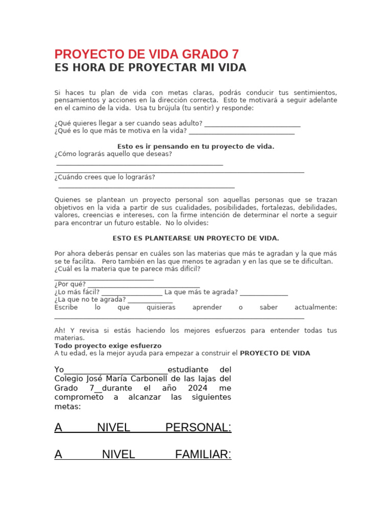 Proyecto de Vida para Estudiantes de 7° | PDF