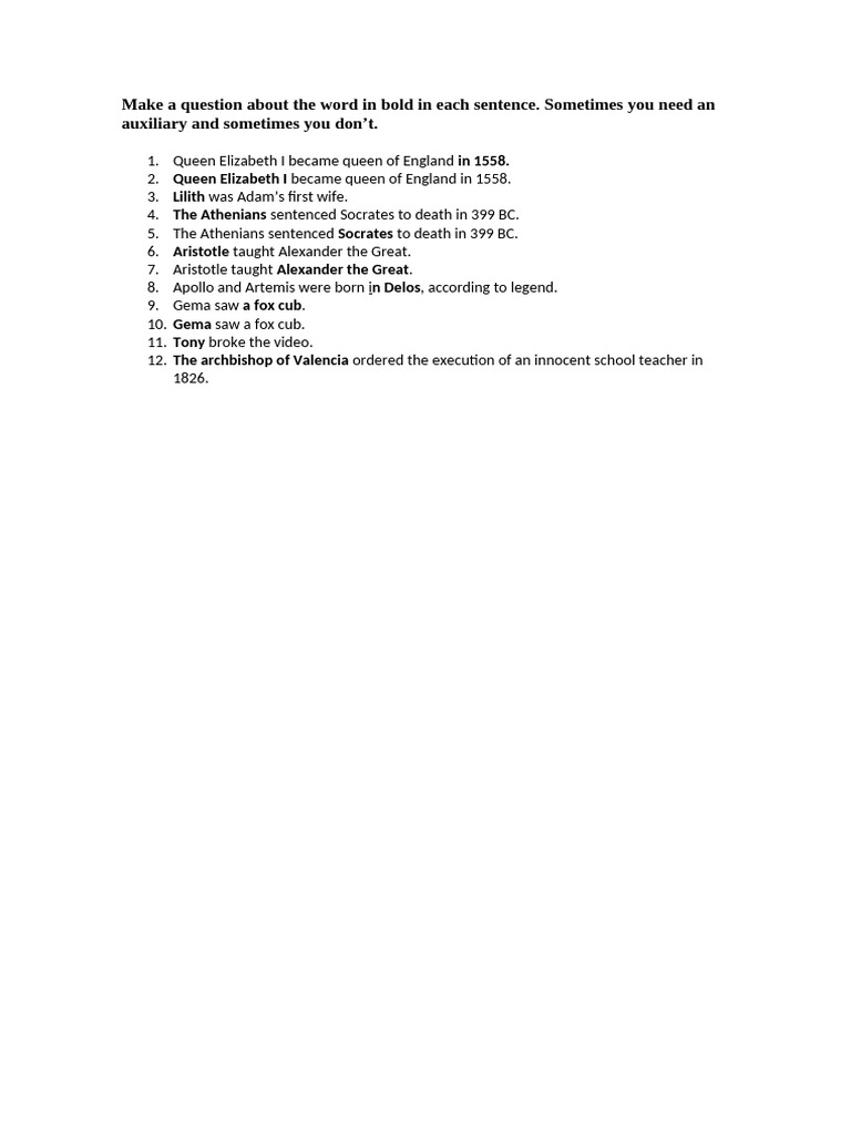 Make A Question About The Word in Bold in Each Sentence | PDF