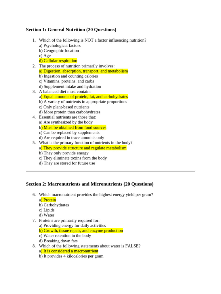Nutrition MCQs with Answers Guide | PDF | Nutrients | Nutrition