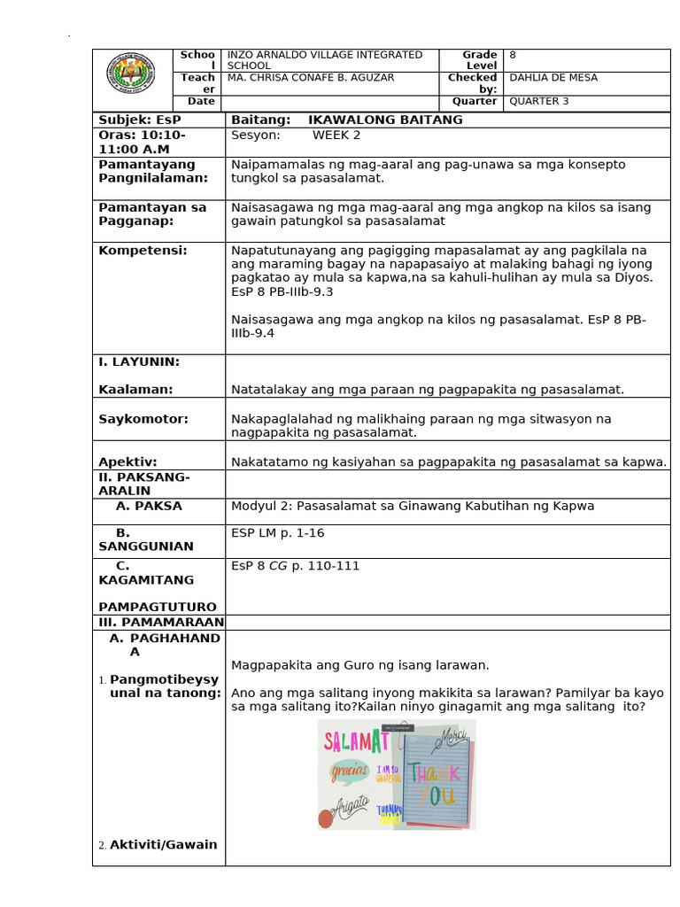 Lesson Plan in Esp 8 Cot | PDF
