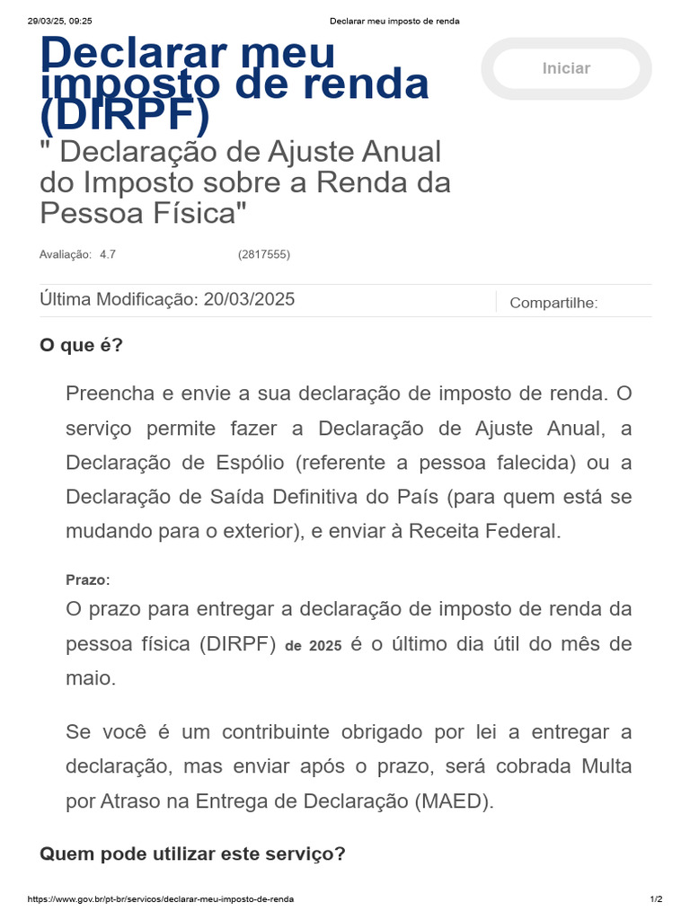 Declaração de Imposto de Renda 2025 | PDF