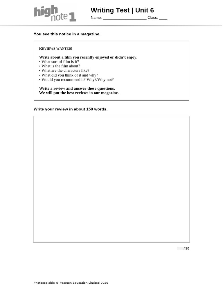 Film Review Writing Test Unit 6 | PDF