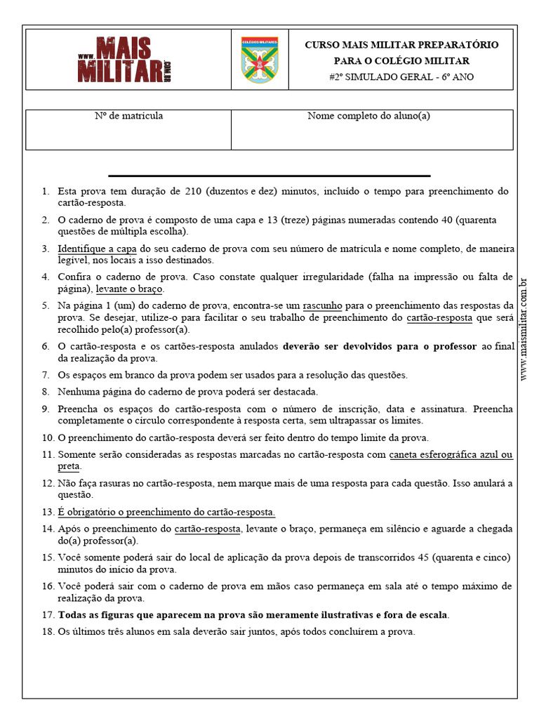 Simulado 6º Ano Colégio Militar | PDF | Divisão (Matemática)