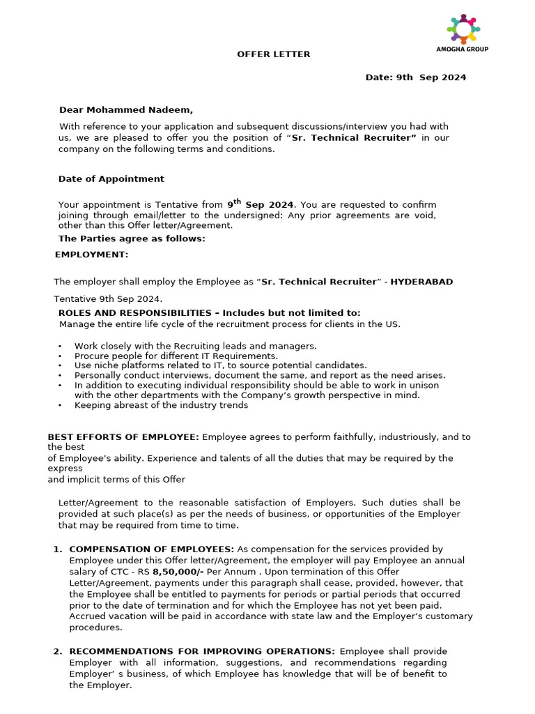 Offer Letter for Sr. Technical Recruiter | PDF | Employment | Insurance
