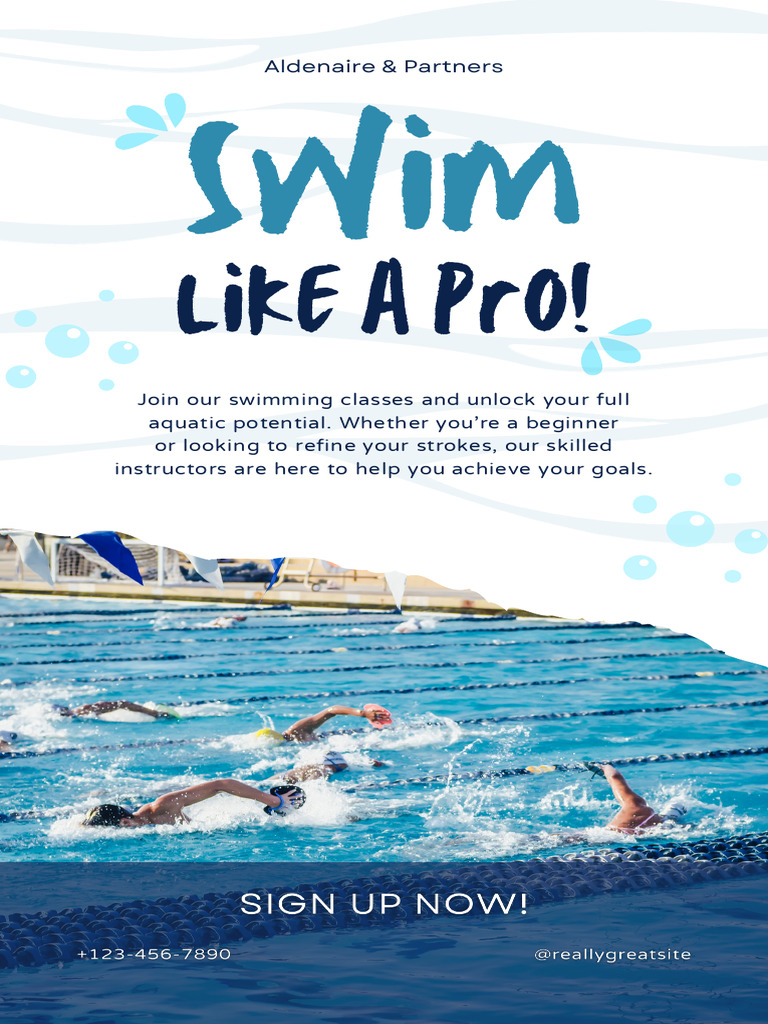 Blue & White Minimalist Swimming Lessons Promotion Swim Like A Pro ...