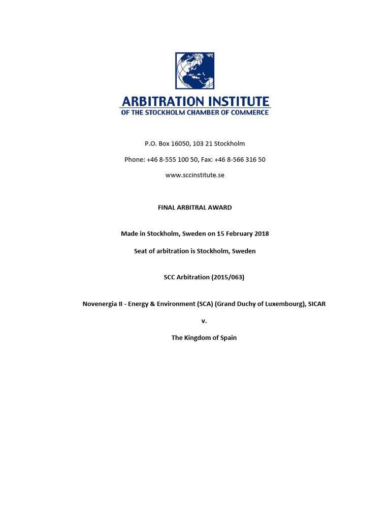 SCC Final Award: Novenergia II v. Spain | PDF | Arbitration | Arbitral ...
