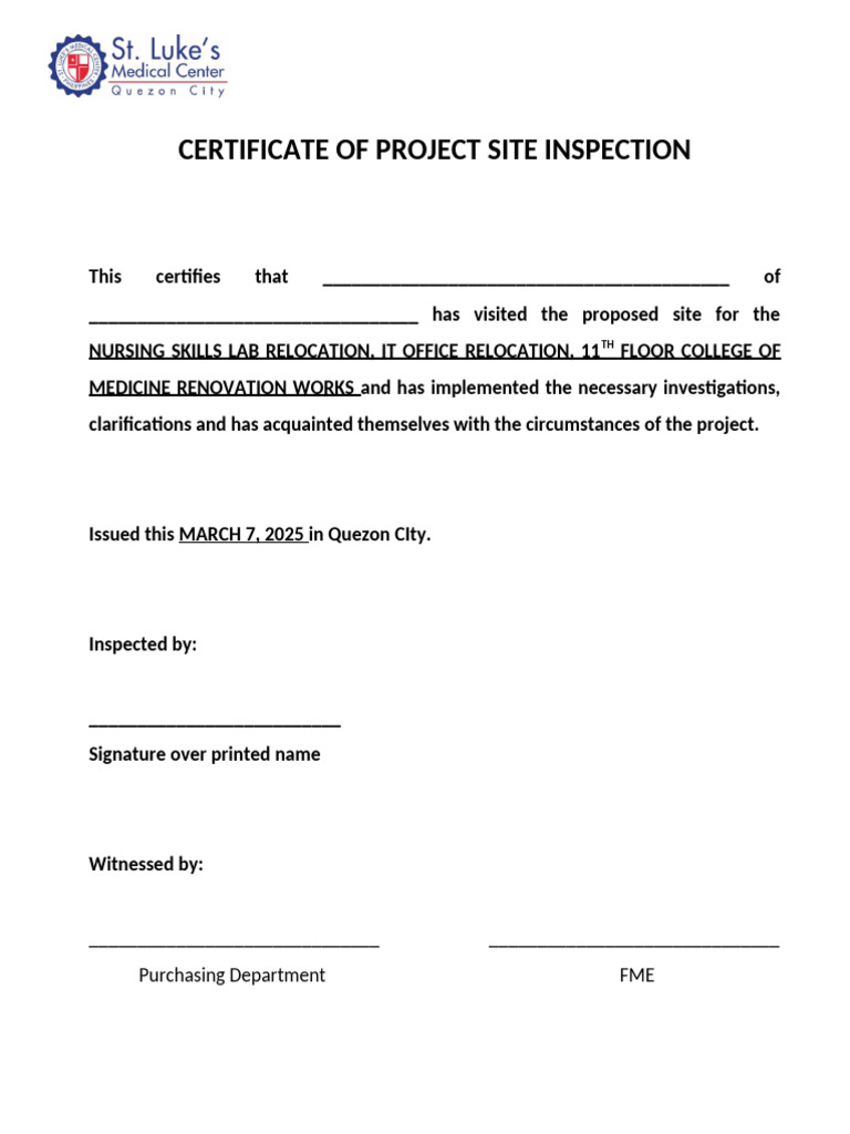 Certification of Project Site Inspection Template | PDF