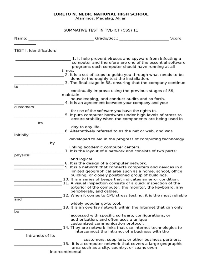 TVL-ICT Summative Test Guide | PDF | Computer Network | Telecommunications