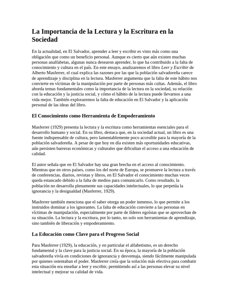 Importancia de la Lectura y Escritura | PDF | Literatura | El Salvador