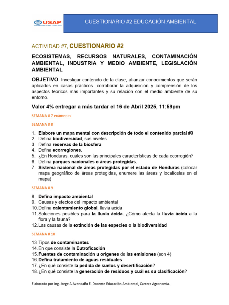 Cuestionario 2: Educación Ambiental 2025 | PDF | Entorno natural ...