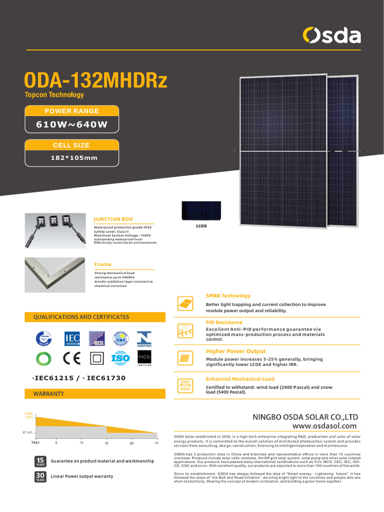 OSDA 610W Bifacial Solar Datasheet | PDF | Solar Cell | Energy Technology