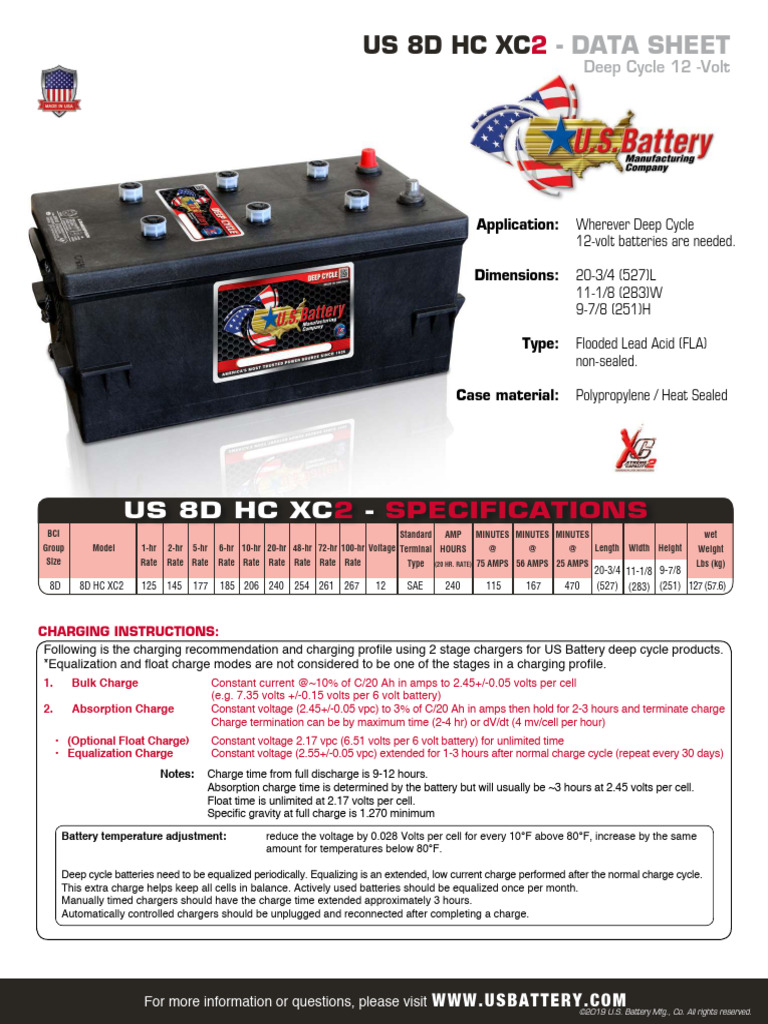 US 8D HC XC2 Deep Cycle Battery Specs | PDF | Battery Charger | Nut ...