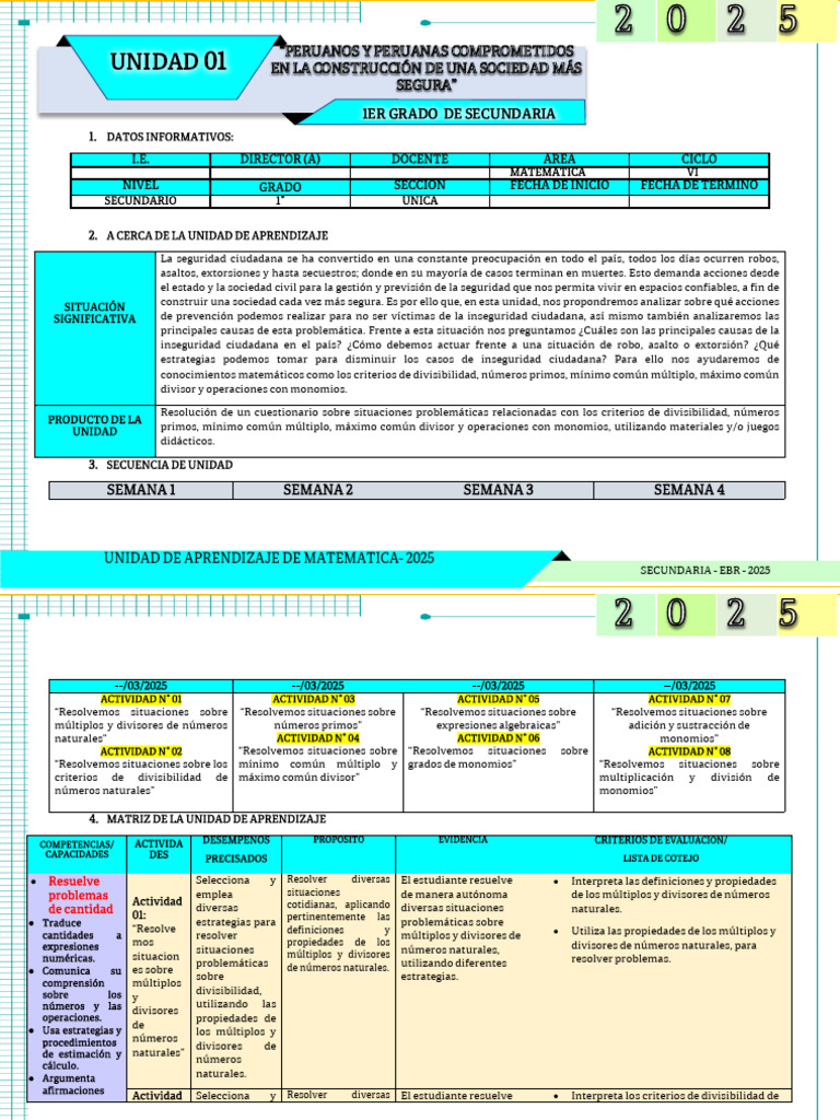 Unidad de Matemáticas 1 Secundaria 2025 | PDF | Aprendizaje