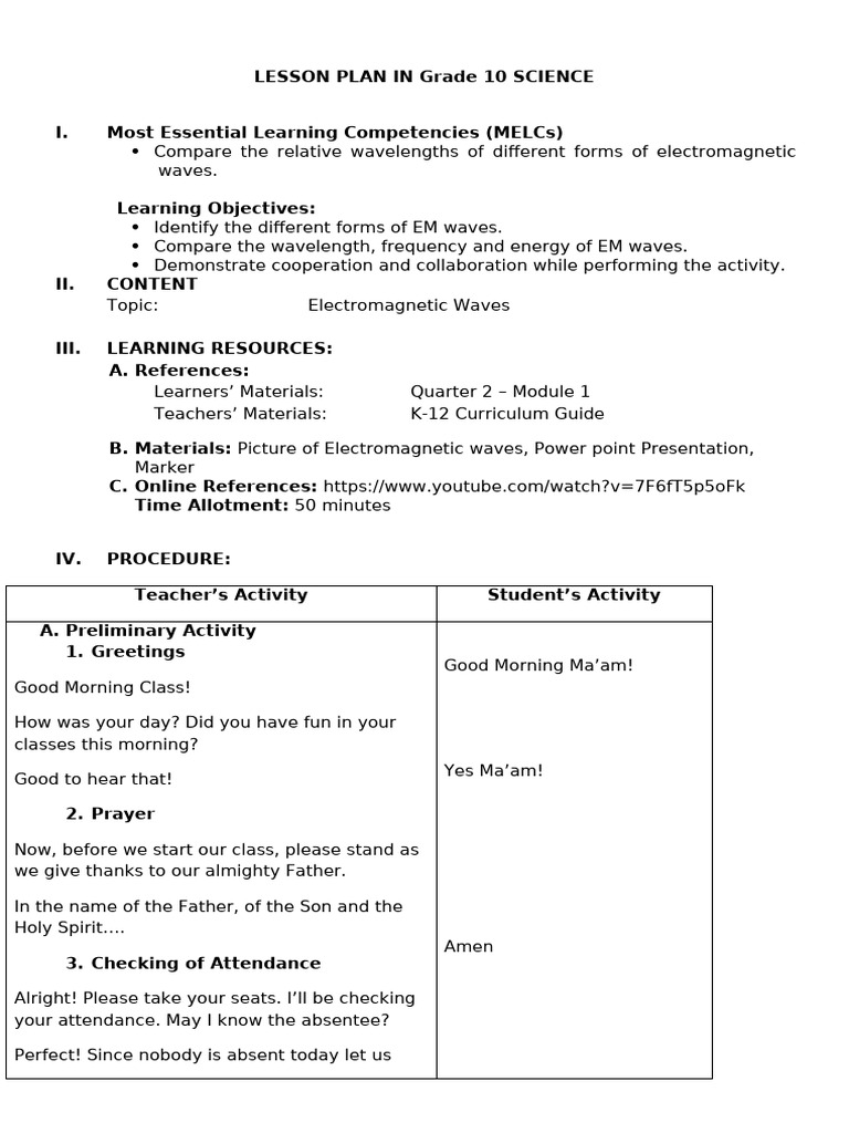 Grade 10 Science: Electromagnetic Waves Lesson Plan | PDF ...