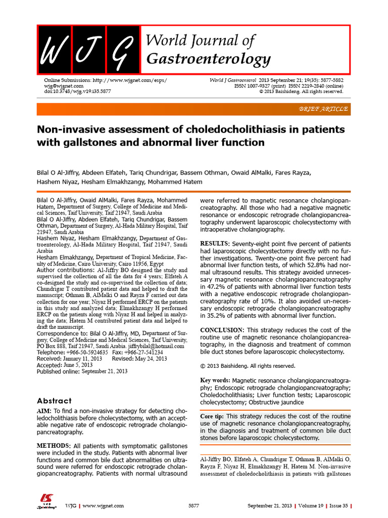 Non-Invasive Choledocholithiasis Assessment | PDF | Exocrine System | Liver