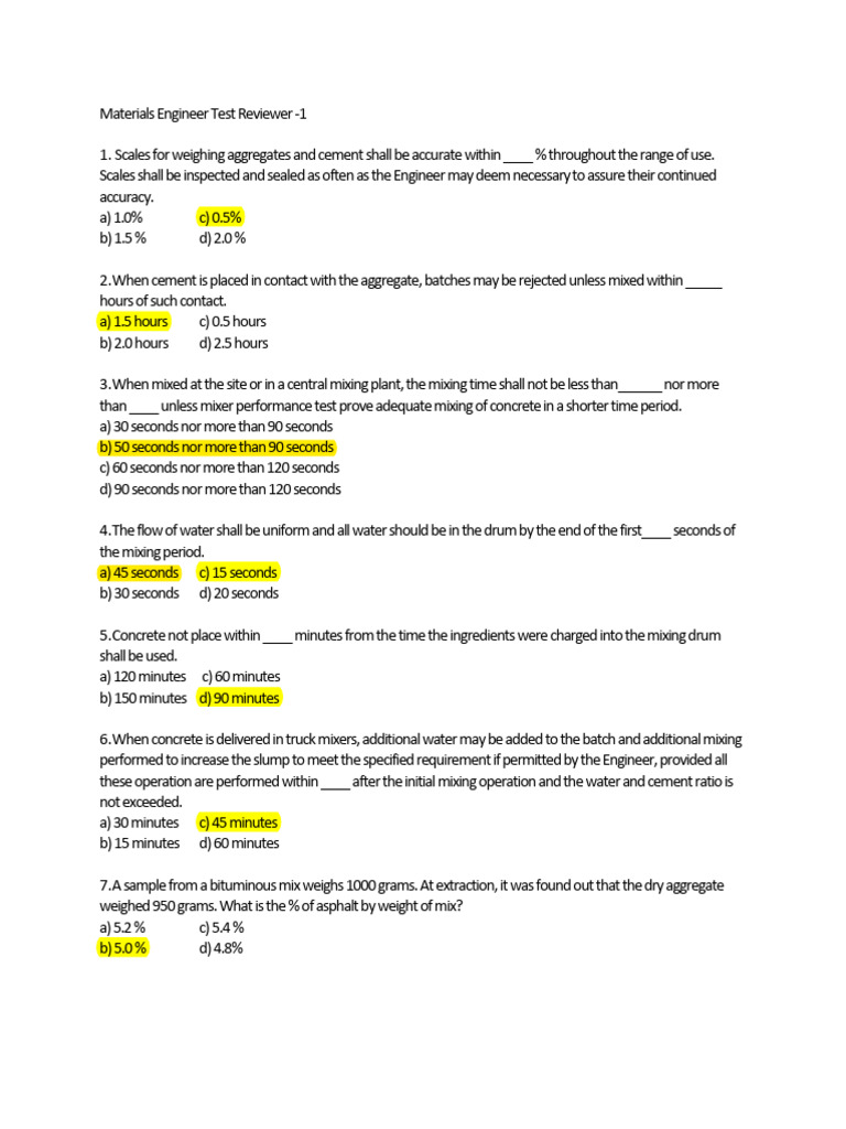Materials Engineer Test Review Questions | PDF | Concrete | Road Surface