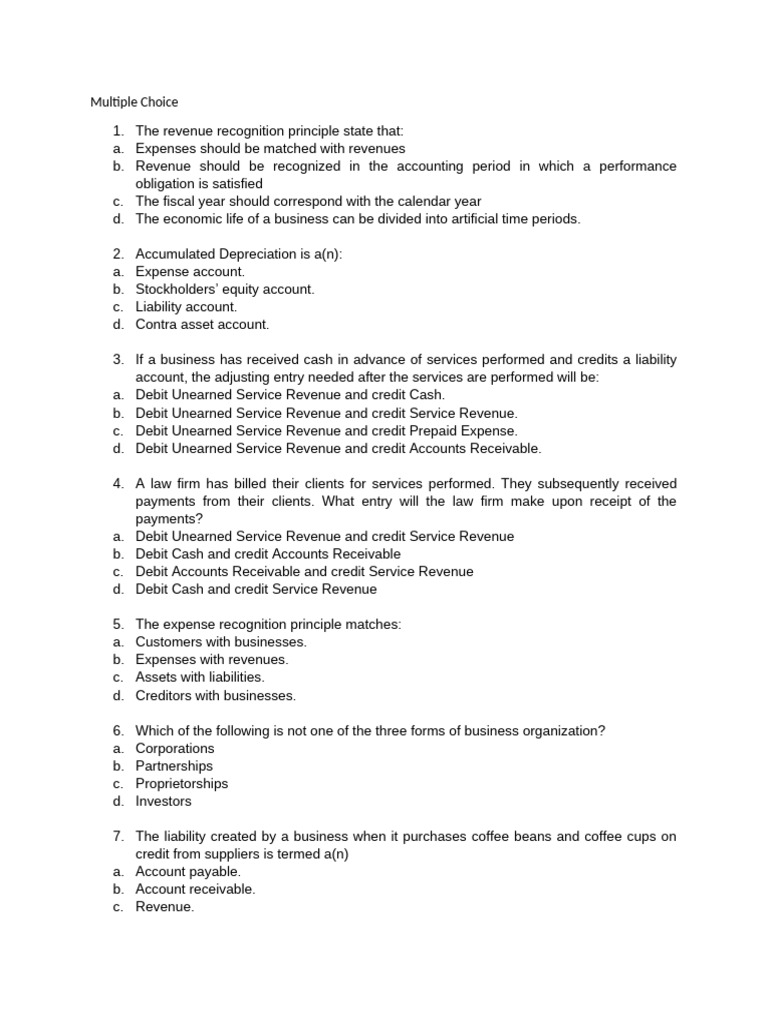 Accounting Principles Multiple Choice Quiz | PDF | Debits And Credits ...