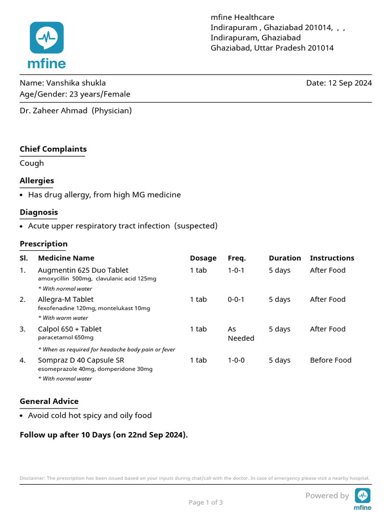 Prescription for Acute Respiratory Infection | PDF | Clinical Medicine ...