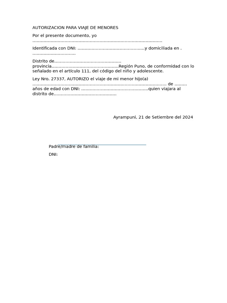 Autorizacion para Viaje de Menores | PDF