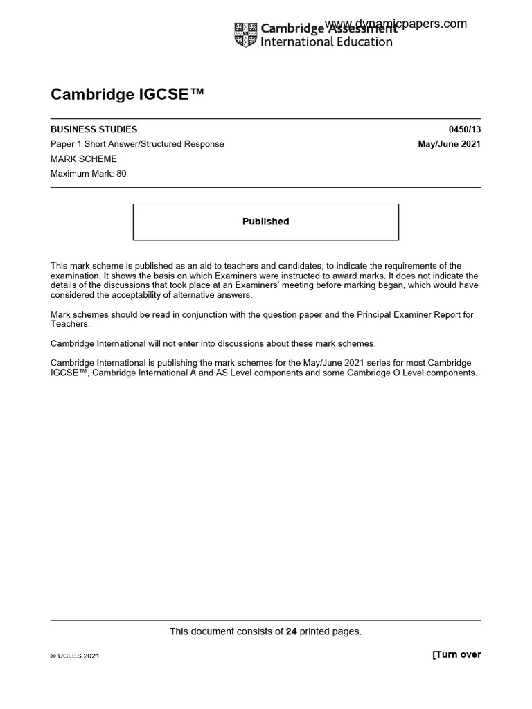 Cambridge IGCSE™: Business Studies 0450/13 May/June 2021 | PDF ...