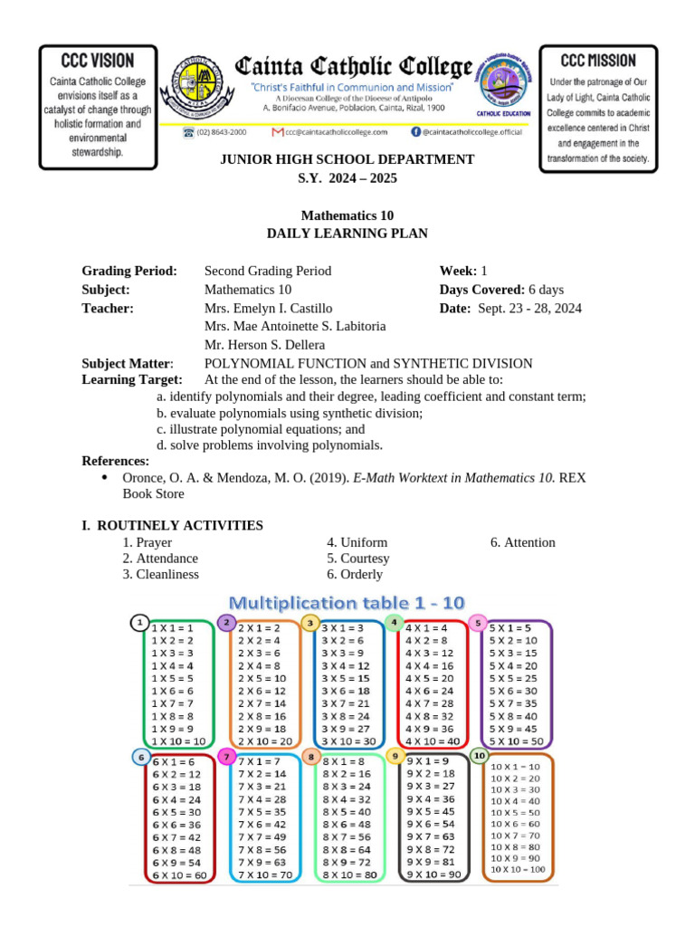 Math 10 Daily Learning Plan: Polynomials | PDF | Polynomial | Mathematics