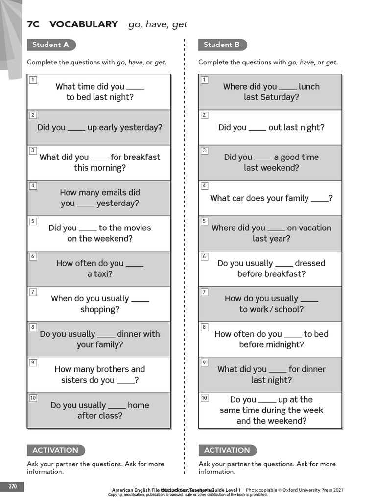 Vocabulary Go, Have, Get | PDF | Meal | Eating Behaviors Of Humans