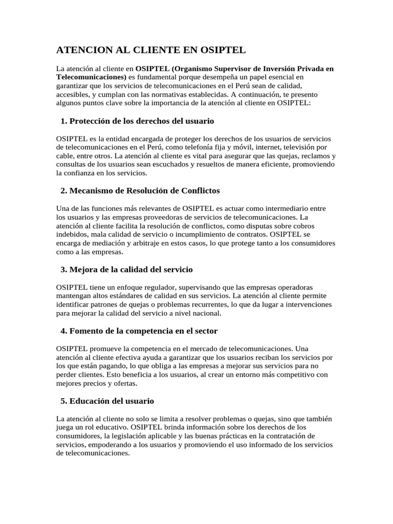ATENCION AL CLIENTE EN OSIPTEL Tema 2 | PDF | Servicio al Cliente ...