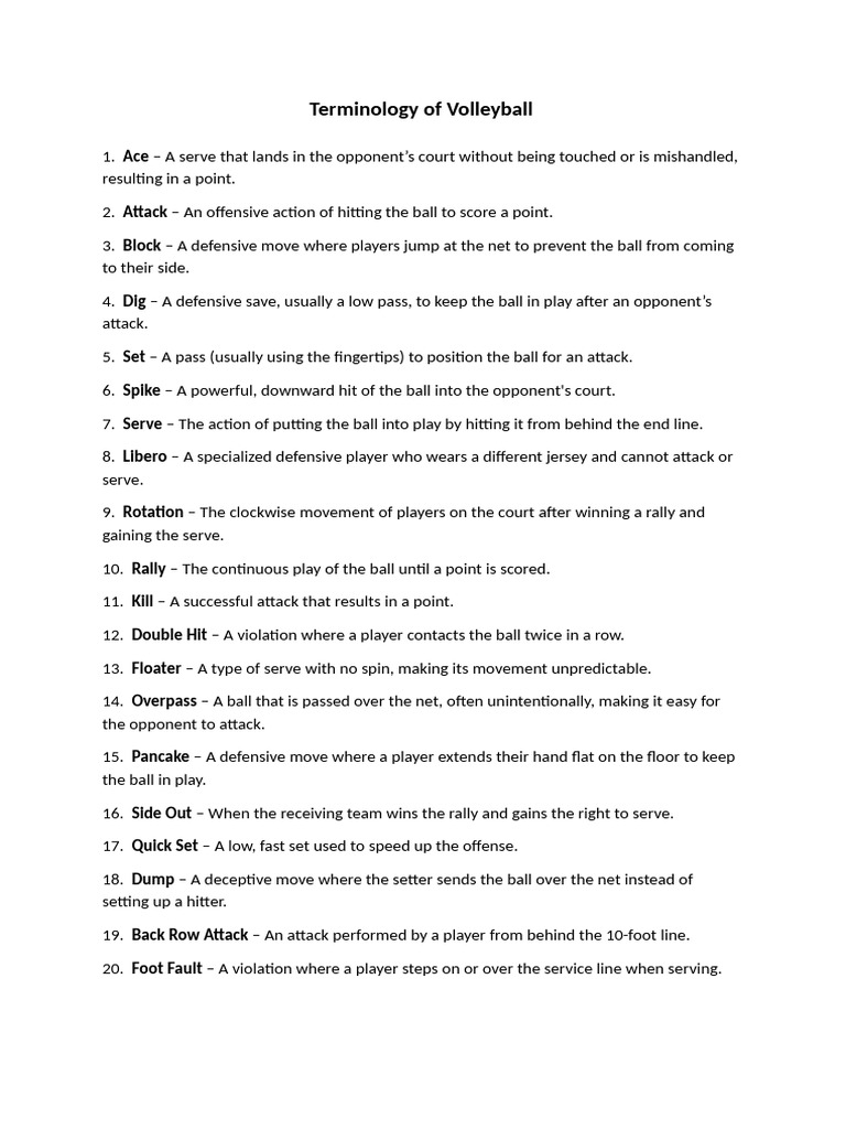 Terminology Of Volleyball Pdf