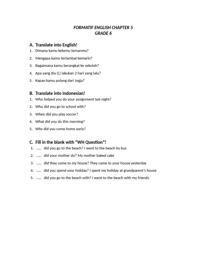 Formatif English Chapter 5 Grade 6 | PDF