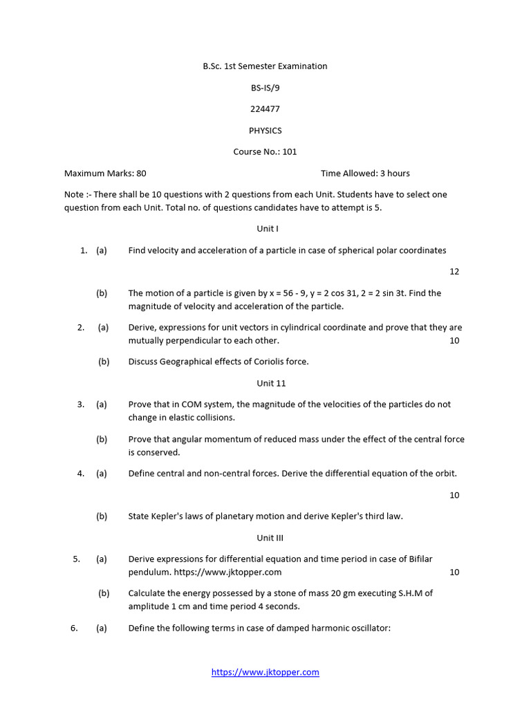 Bsc 1 Sem Physics 224477 Pdf Force Velocity