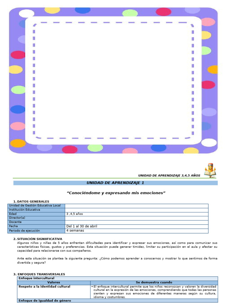 Unidad de Aprend. 2 - 3,4,5 Años - 2025 | PDF | Las emociones | Aprendizaje