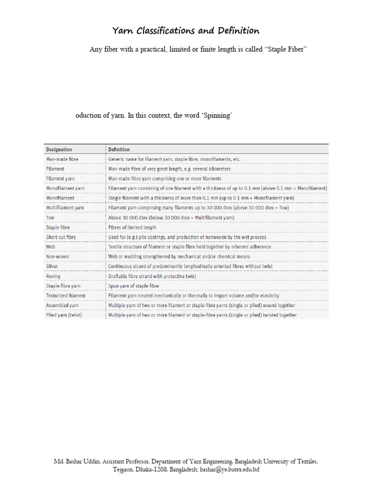 Yarn Classifications and Definitions | PDF | Yarn | Spinning (Textiles)