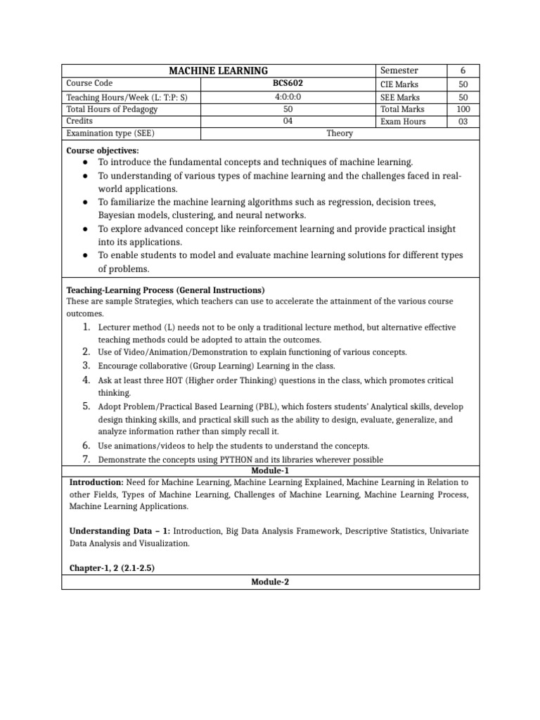 BCS602 Machine Learning Syllabus | PDF | Machine Learning | Statistical ...