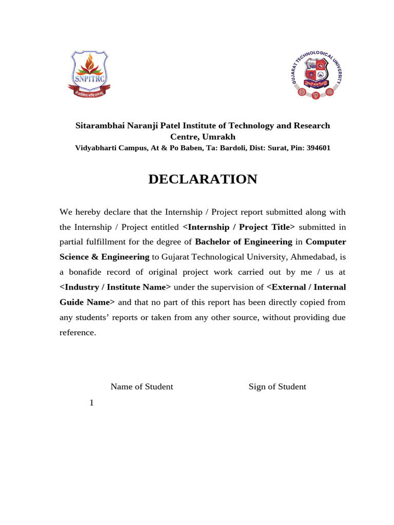 Internship Project Declaration Template | PDF