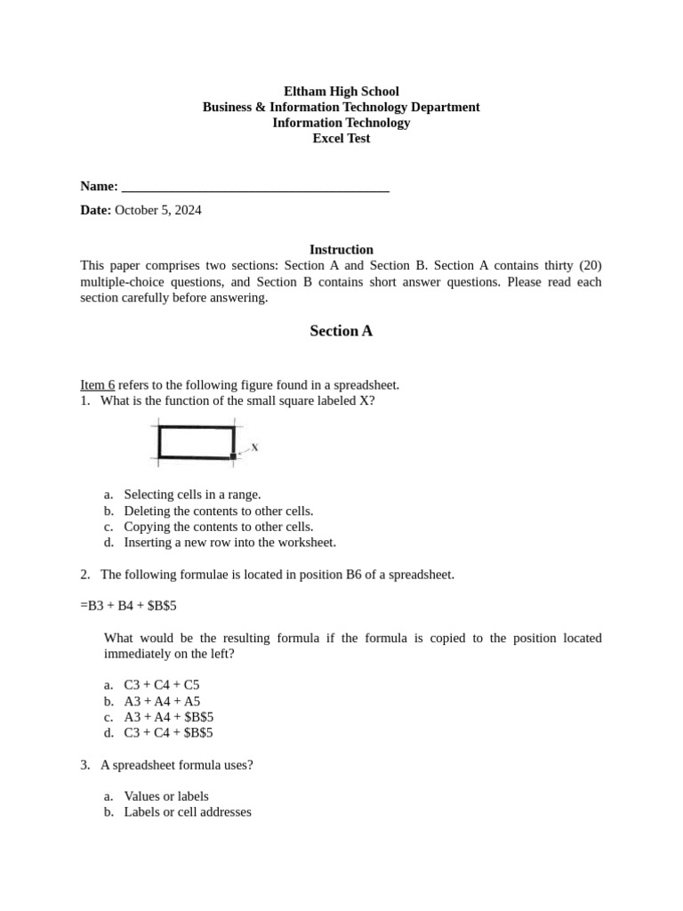 Excel Test for IT Students at Eltham High | PDF | Spreadsheet | Worksheet