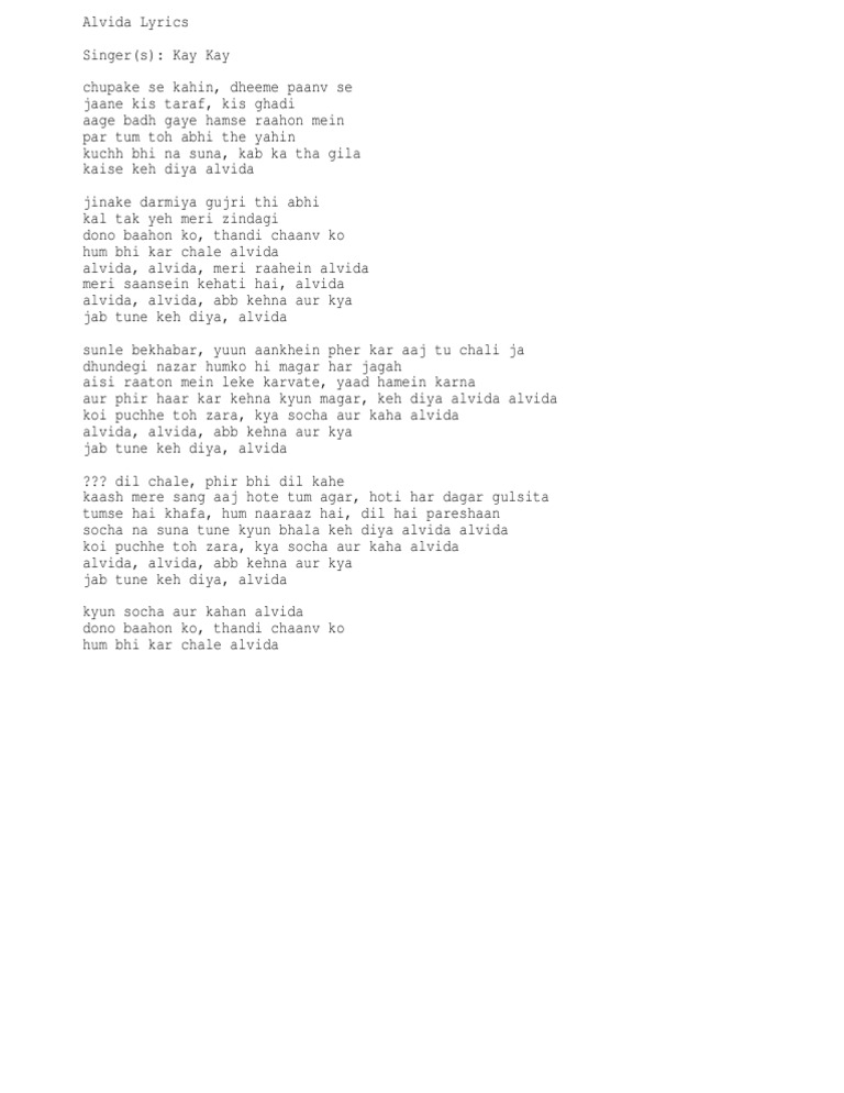 Alvida Metro Lyrics Pdf