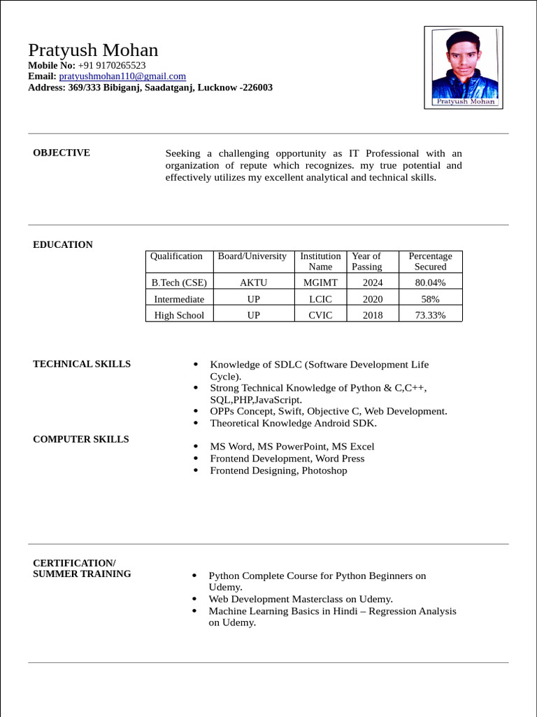 Pratyush Mohan - IT Professional Resume | PDF | Software Engineering ...