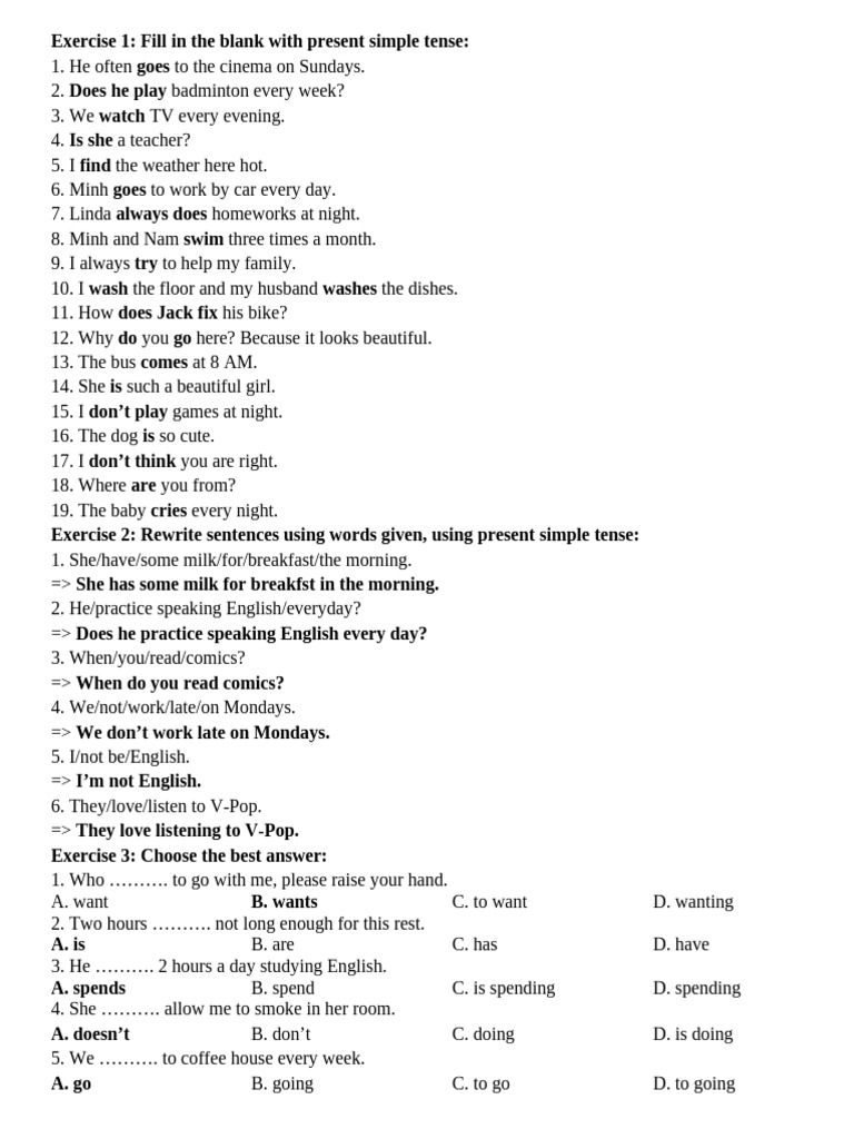 Present Simple and Continuous Tense Exercises | PDF