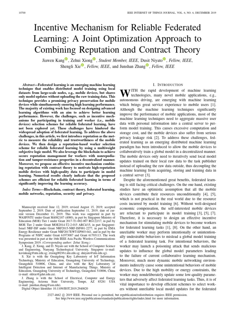 Incentive Mechanism For Reliable Federated Learning - A Joint ...