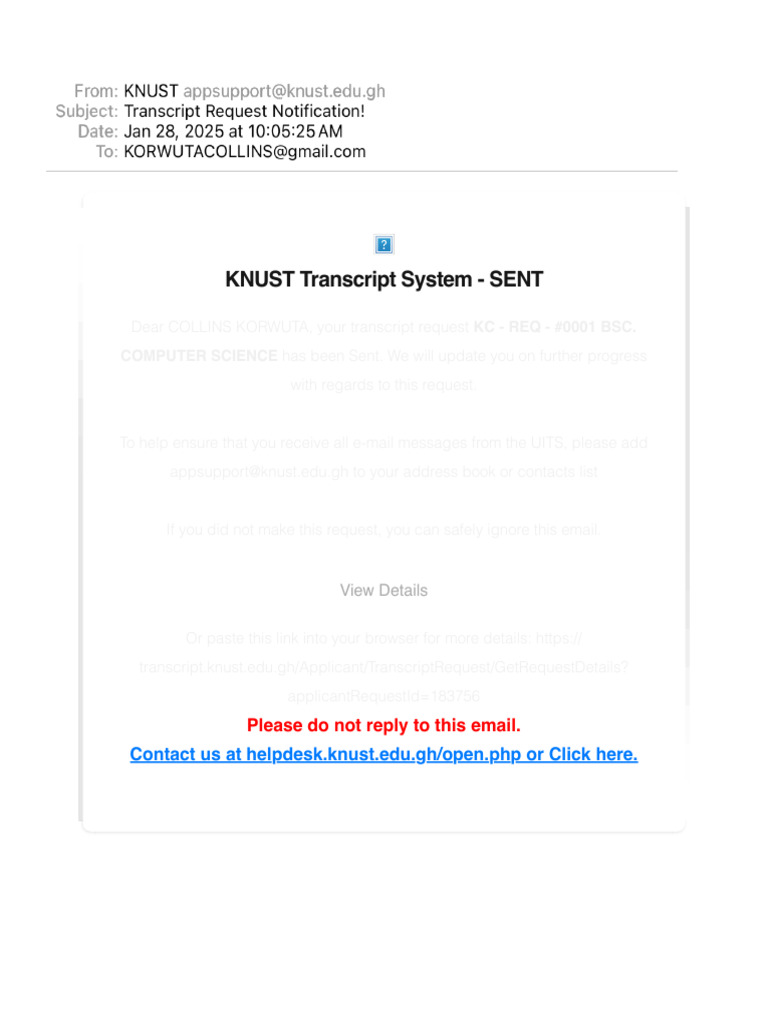 KNUST Transcript Request Confirmation | PDF
