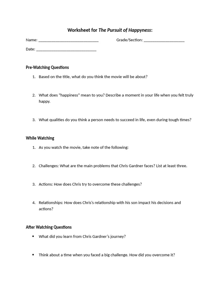 Worksheet for The Pursuit of Happyness | PDF