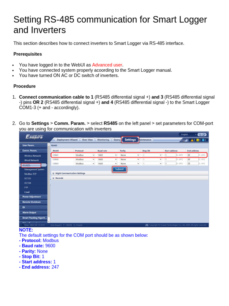 RS-485 Setup for Smart Logger and Inverters | PDF