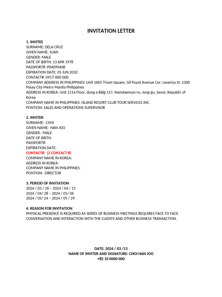 Korean Visa Invitation Letter Sample | PDF