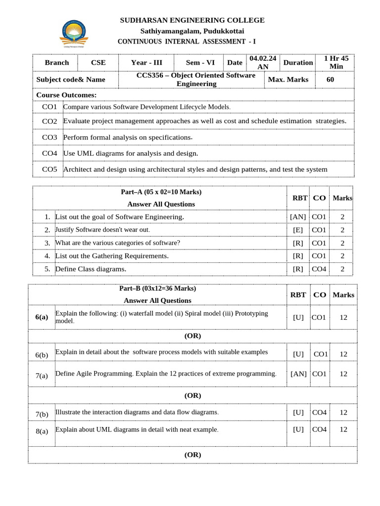 CSE Continuous Assessment: OOS Engineering | PDF | Unified Modeling ...