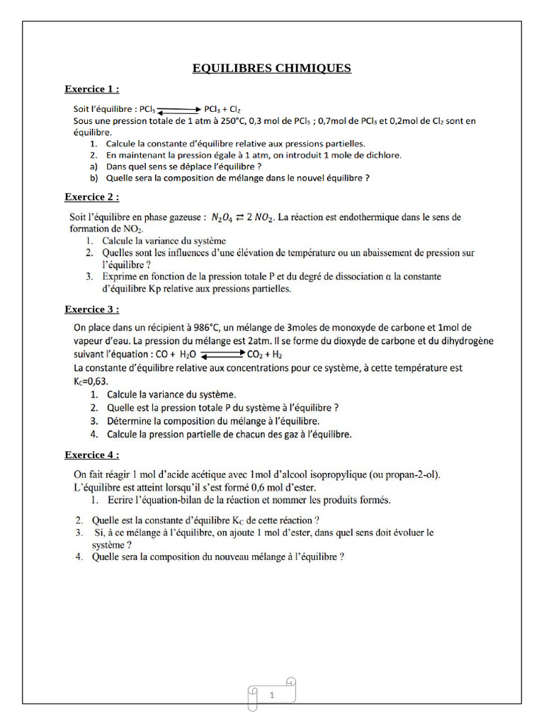 Exercices sur les Équilibres Chimiques | PDF