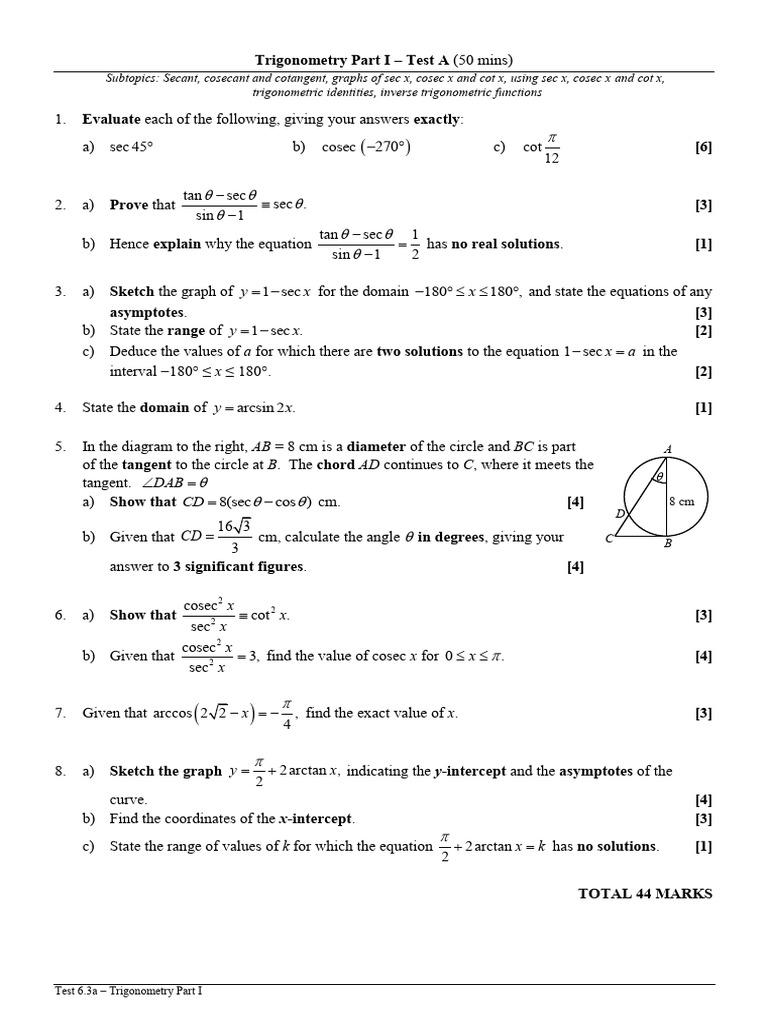 Trigonometry Part I Test 6.3A | PDF | Trigonometric Functions ...